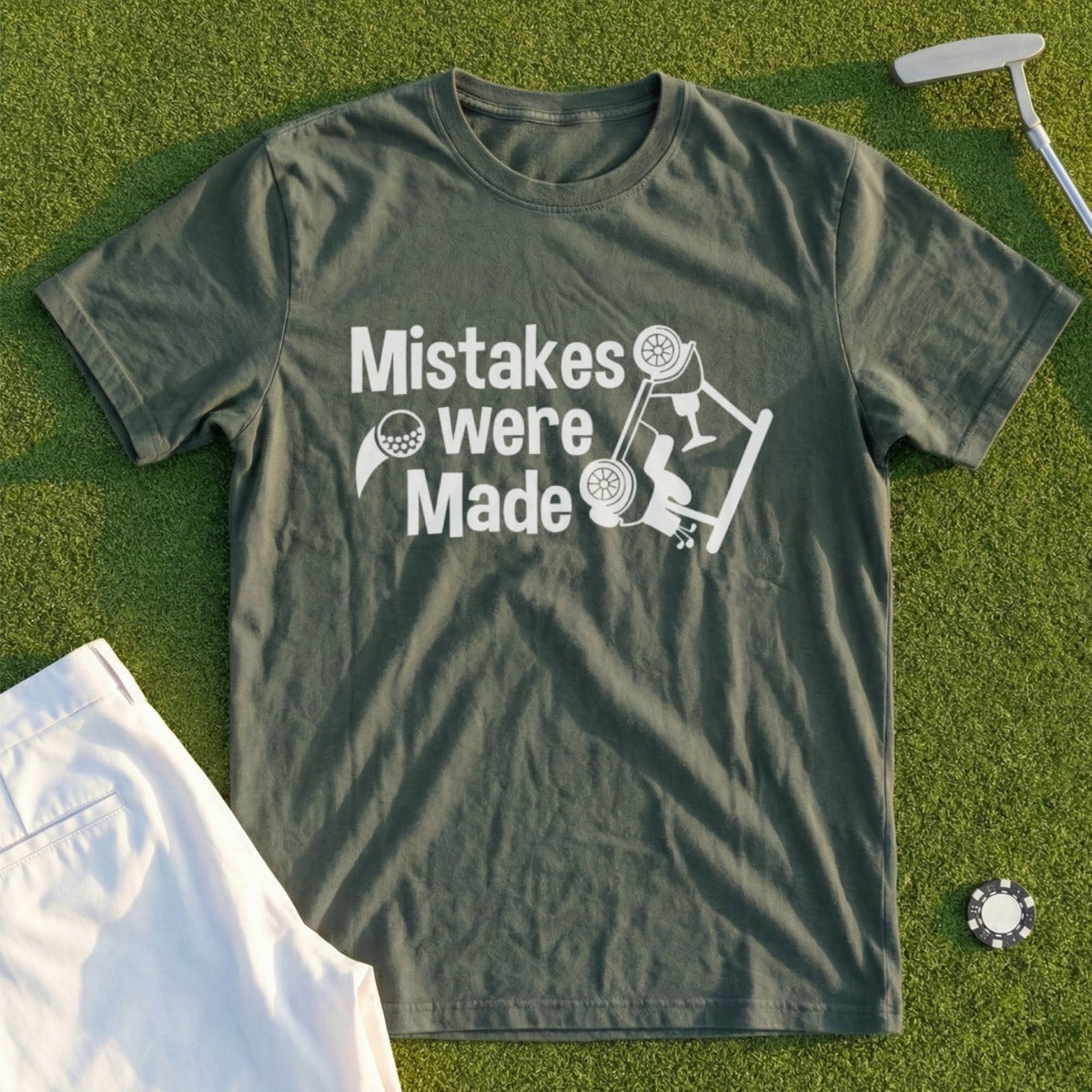 Green t-shirt with "Mistakes Were Made" text and a golf ball crashing a car.