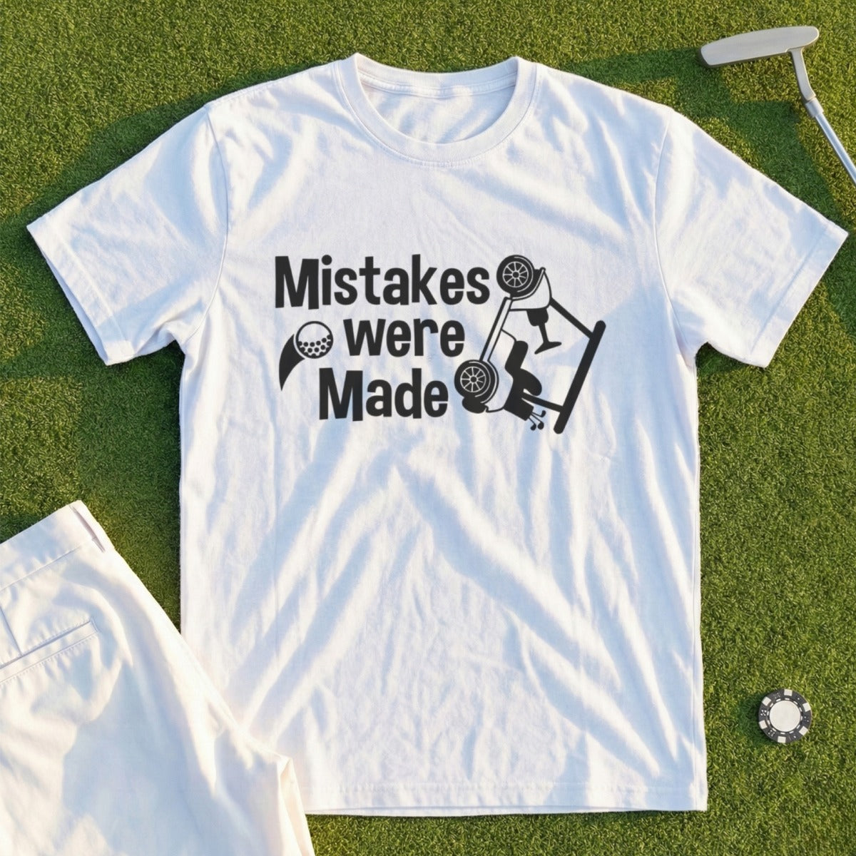 White t-shirt with "Mistakes were Made" and a golf ball hitting a car.