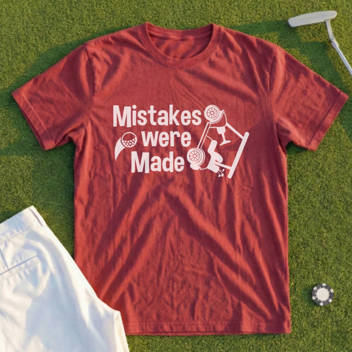 Maroon t-shirt with white "Mistakes Were Made" text and golf graphic.