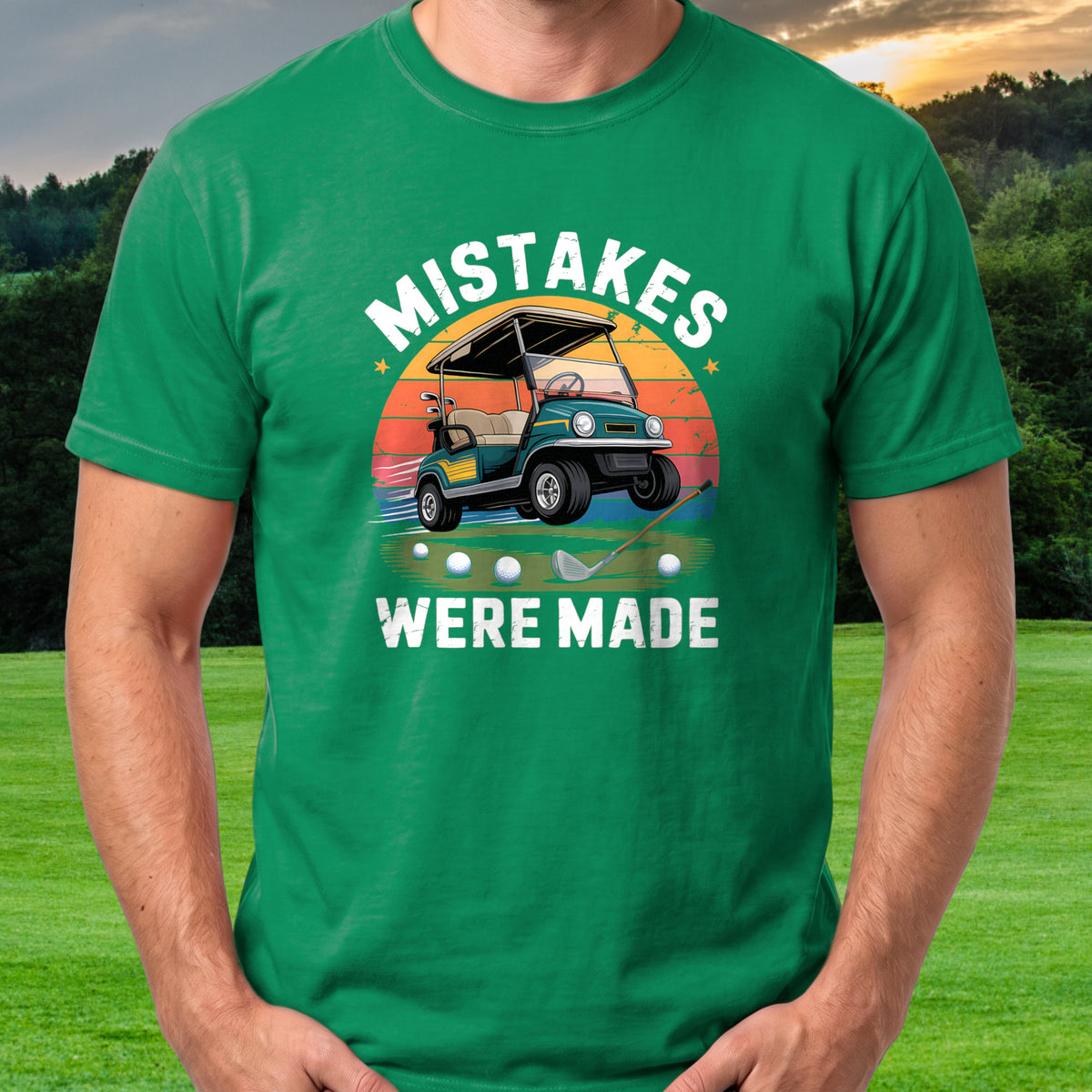 Mistakes Were Made Tee worn on the golf course, Irish Green