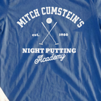 Mitch Cumstein Night Putting Tee, print close-up on Royal