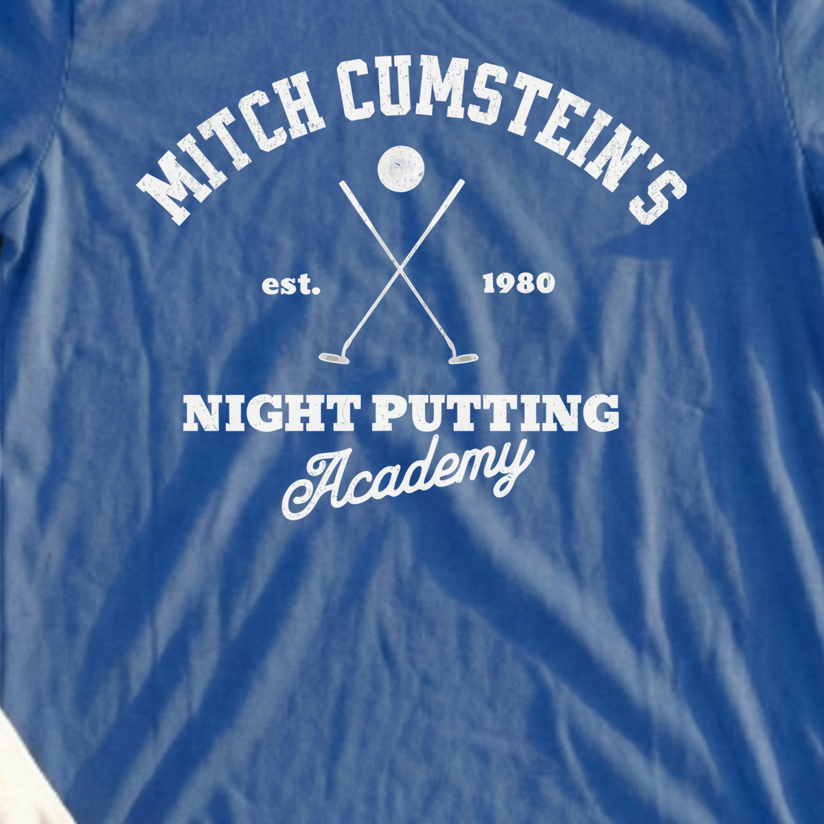 Mitch Cumstein Night Putting Tee, print close-up on Royal