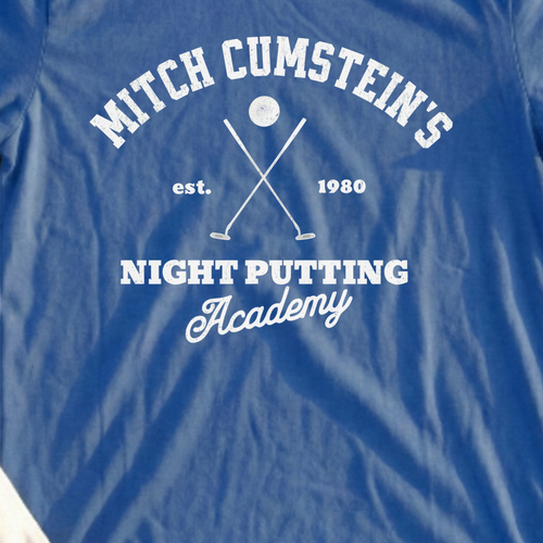 Mitch Cumstein Night Putting Tee, print close-up on Royal