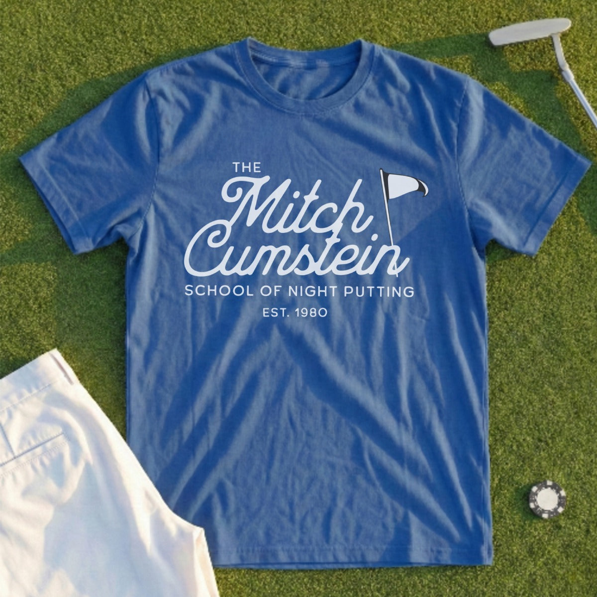 Navy t-shirt with white text "The Mitch Cumstein School of Night Putting Est. 1980".