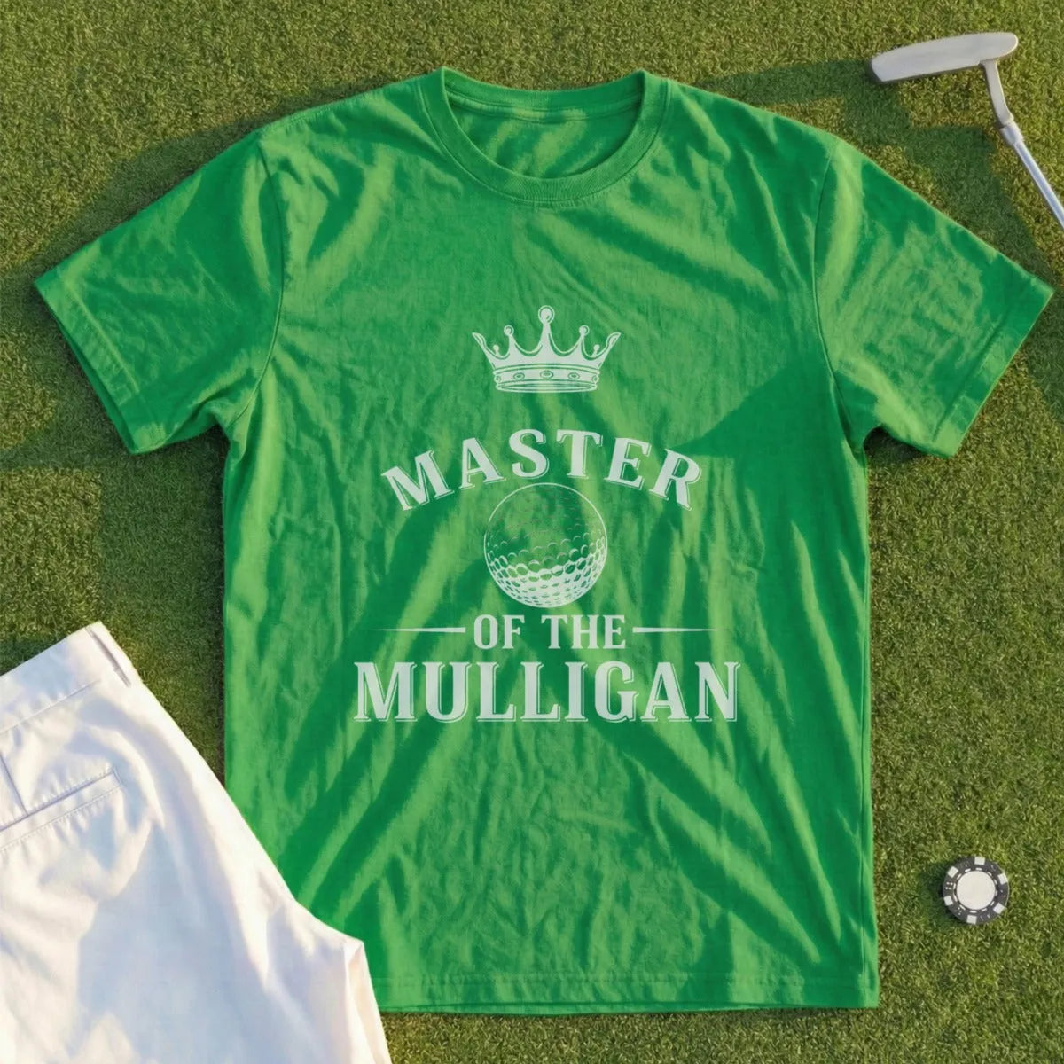 Green t-shirt with "MASTER OF THE MULLIGAN" text and golf ball graphic.