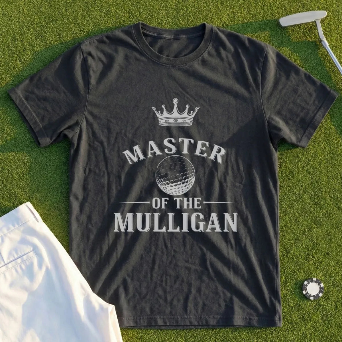 Black t-shirt with "Master of the Mulligan" and golf ball graphic.
