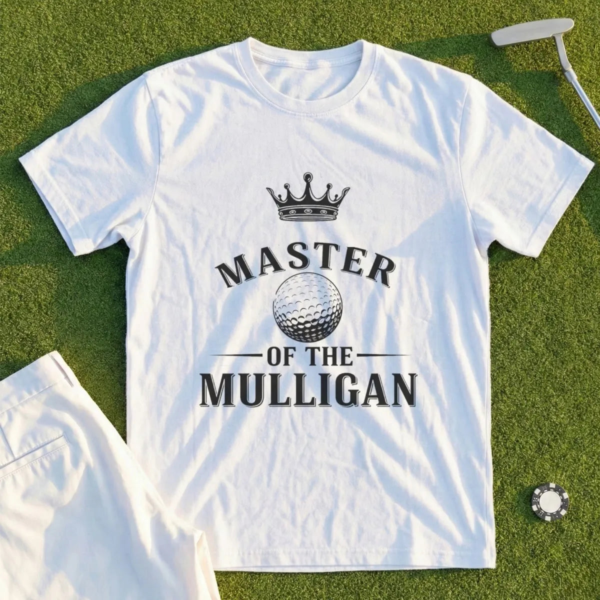 White t-shirt with "Master of the Mulligan" text and a golf ball graphic.
