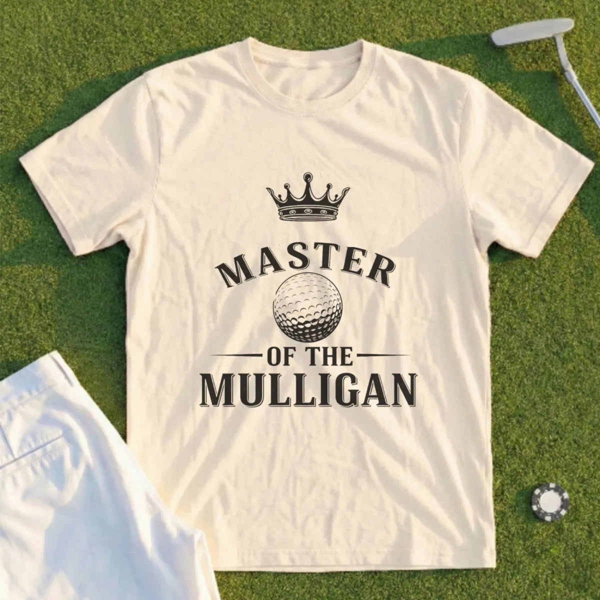 Cream t-shirt with "Master of the Mulligan" text and a golf ball.