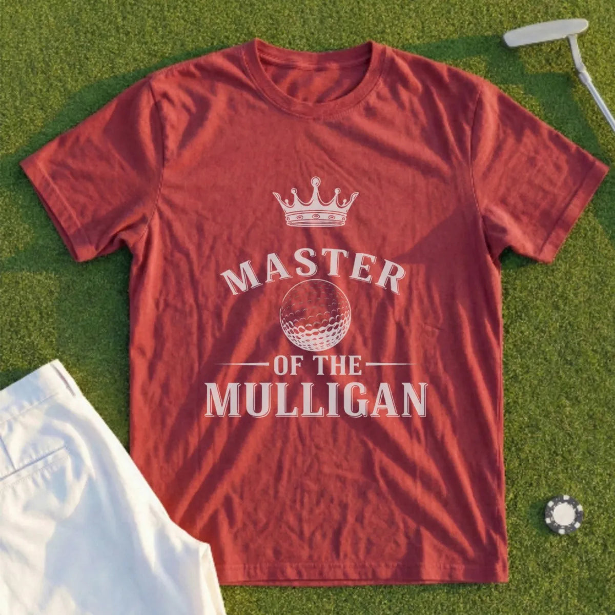 Maroon t-shirt with "Master of the Mulligan" text and golf ball graphic.