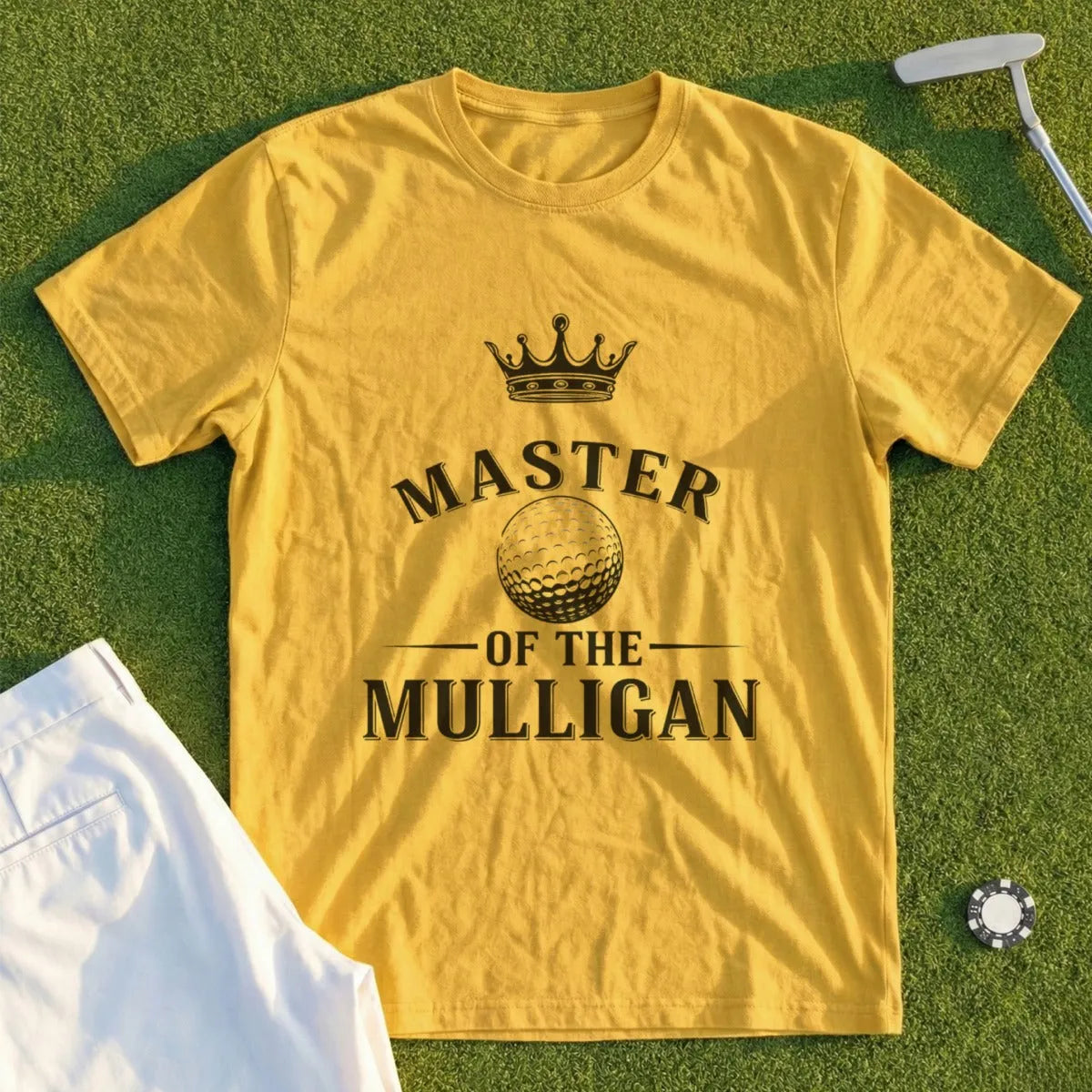 Yellow t-shirt with "Master of the Mulligan" and crown design.