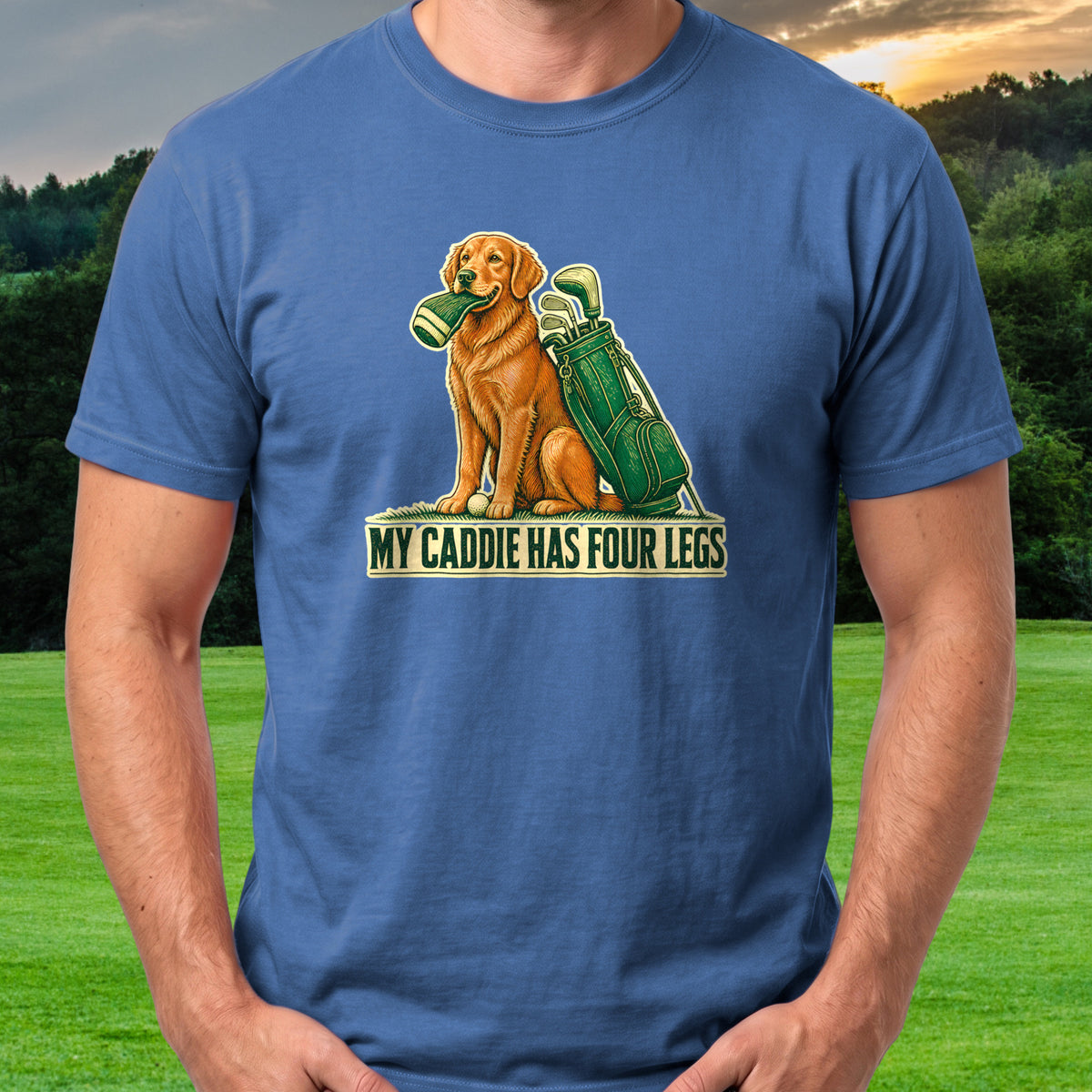My Caddie Has Four Legs Tee worn on the golf course, Royal