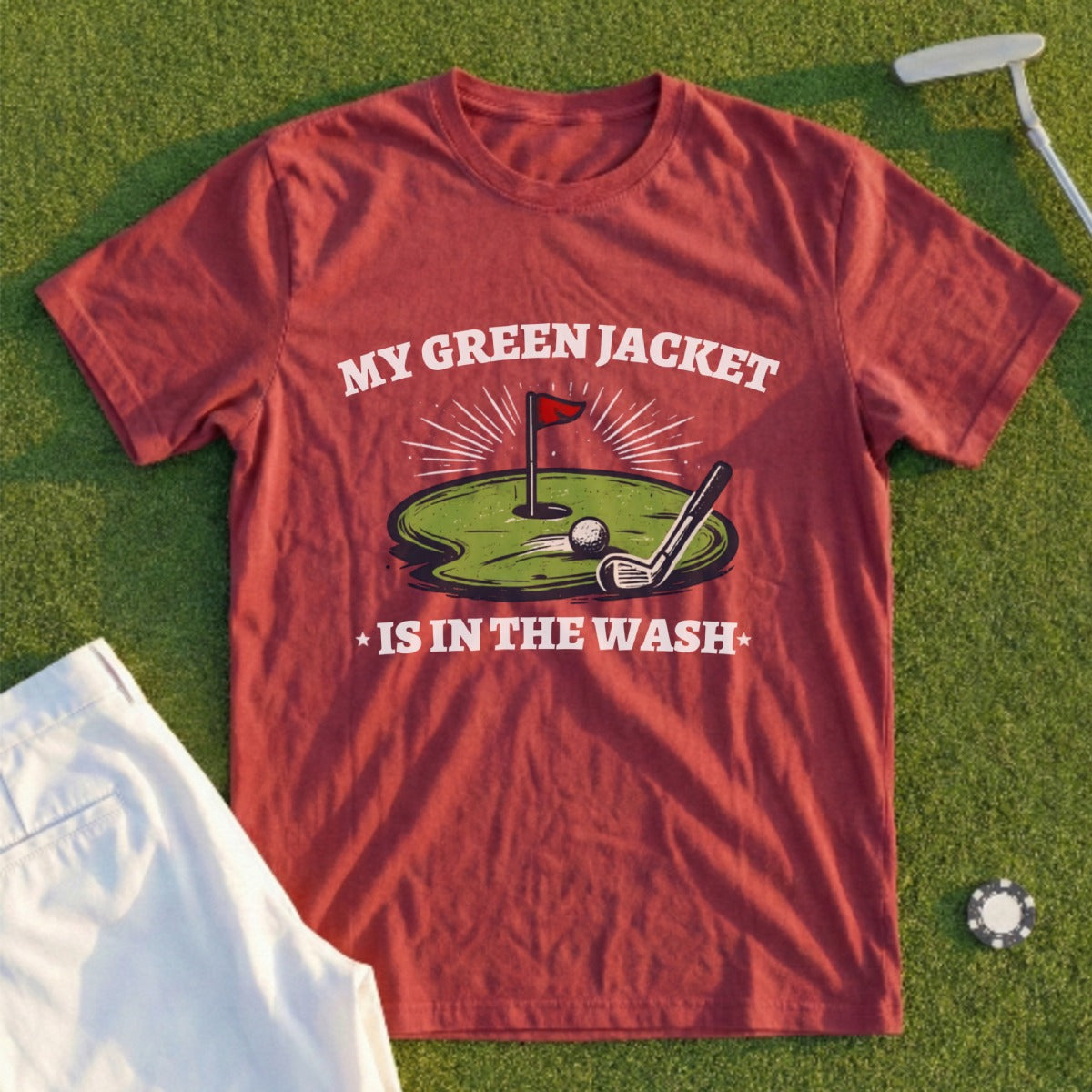 T-shirt with "My green jacket is in the wash" text and golf imagery.