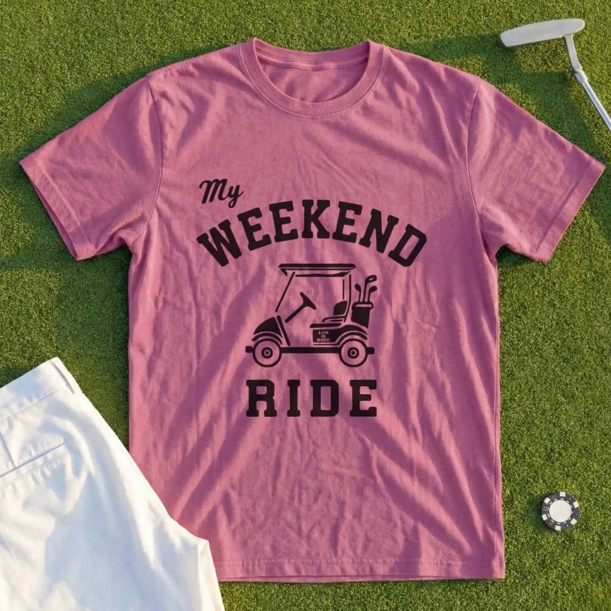 Pink t-shirt with "My Weekend Ride" text and golf cart graphic.