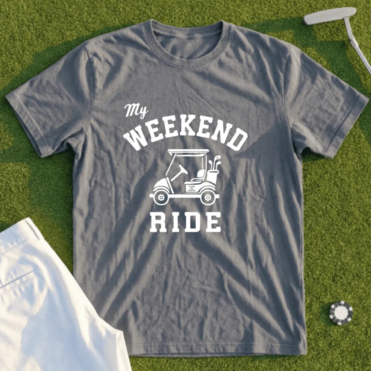 Dark grey t-shirt with "My Weekend Ride" and a golf cart illustration.