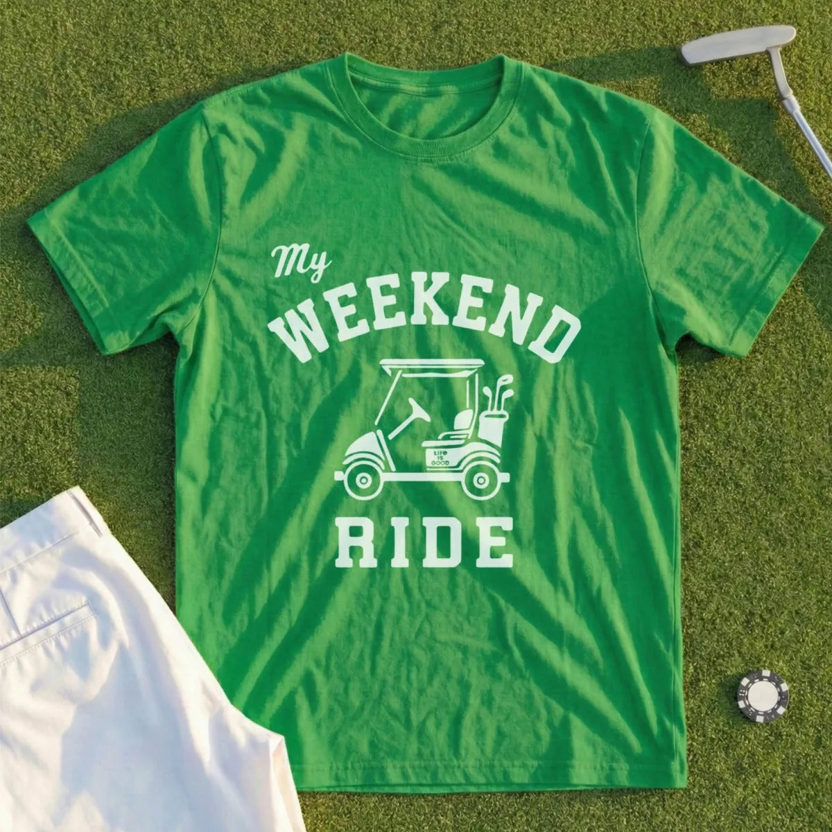 Green t-shirt with "My Weekend Ride" and golf cart graphic.