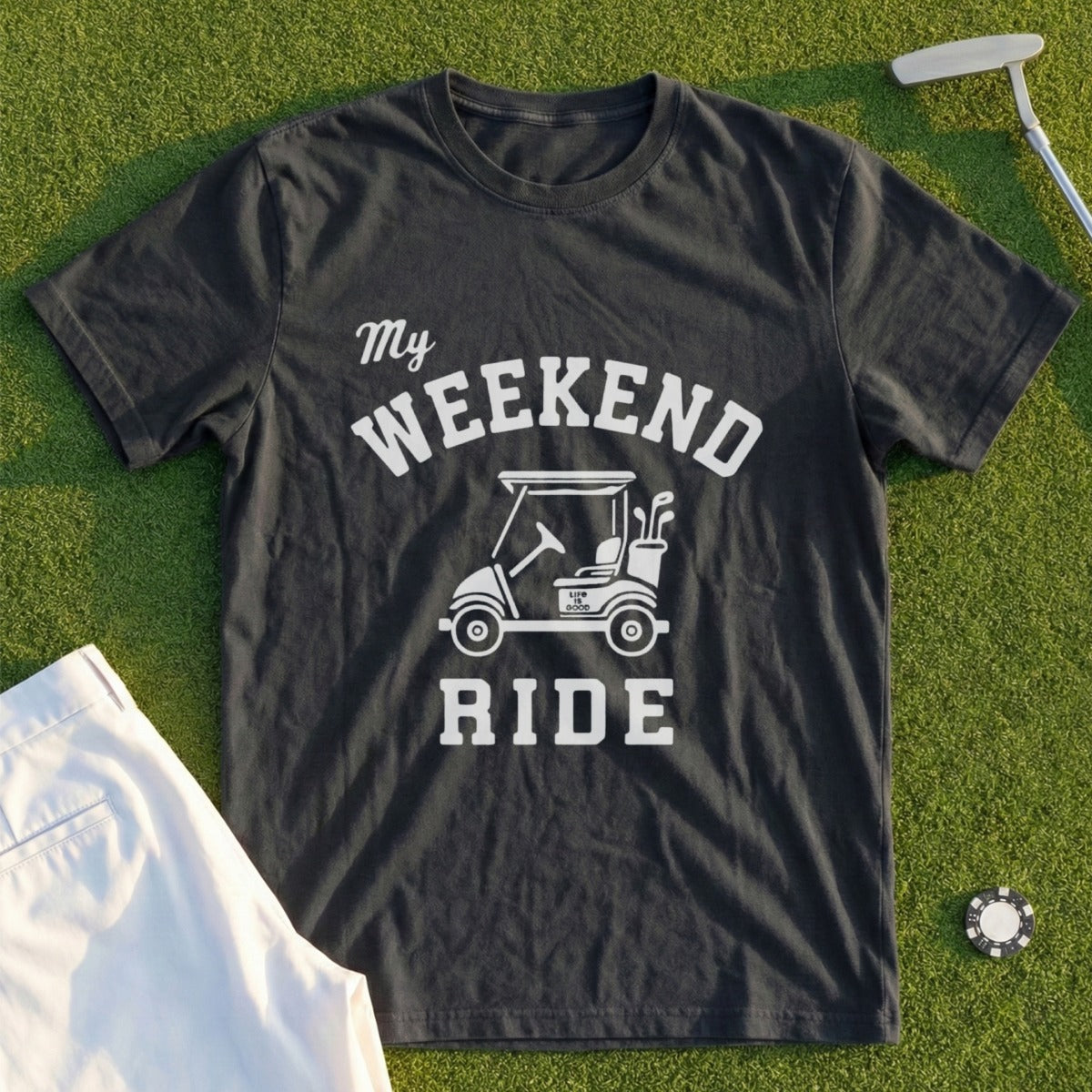 Dark t-shirt with "My Weekend Ride" and golf cart graphic.