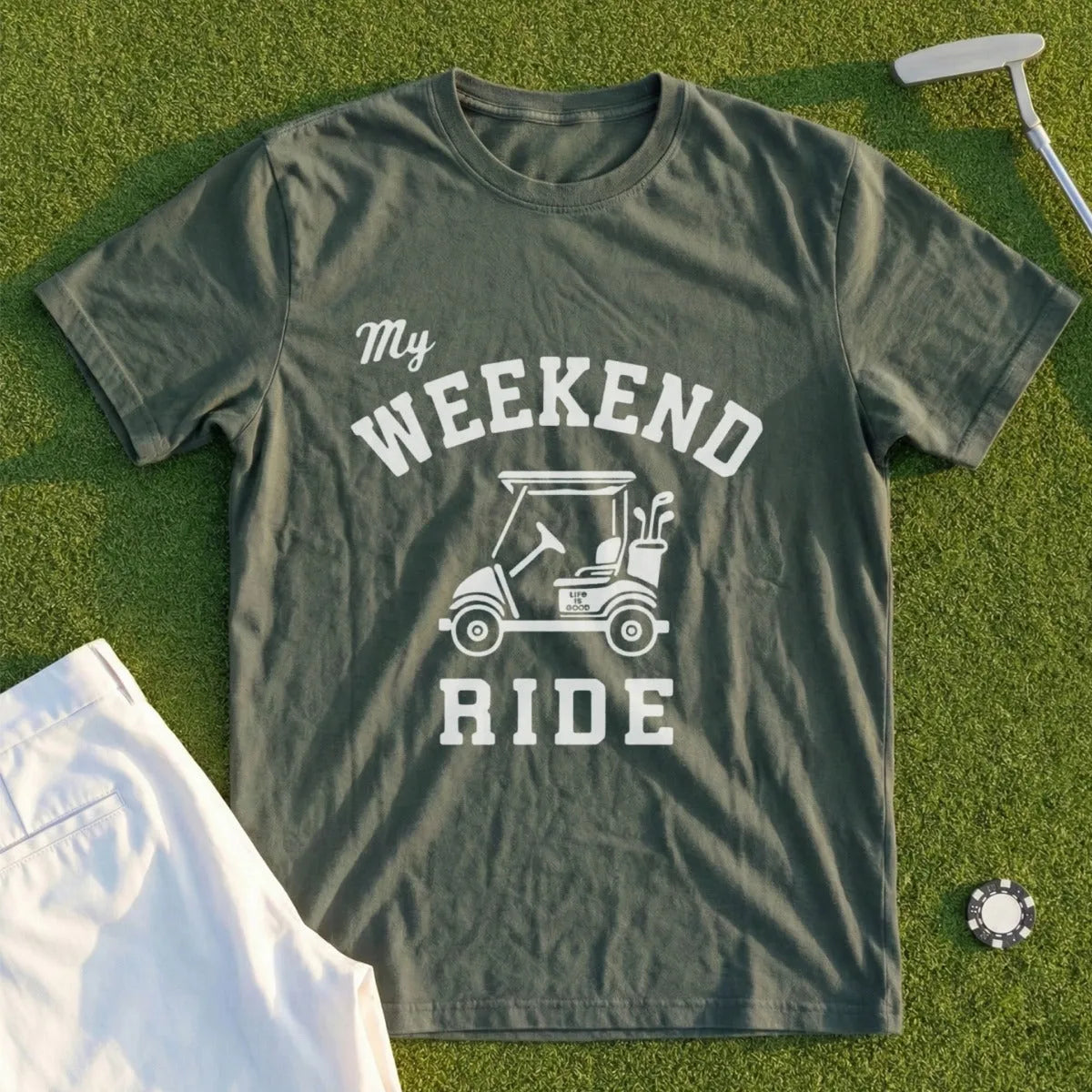 Olive green t-shirt with "My Weekend Ride" text and golf cart graphic.