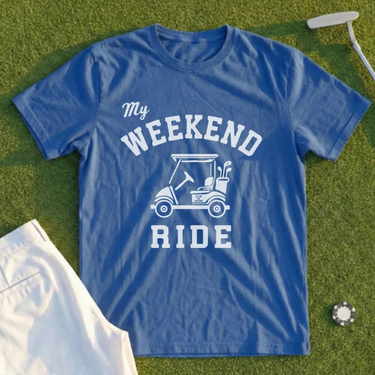 Blue t-shirt with white graphic of golf cart and text "MY WEEKEND RIDE".