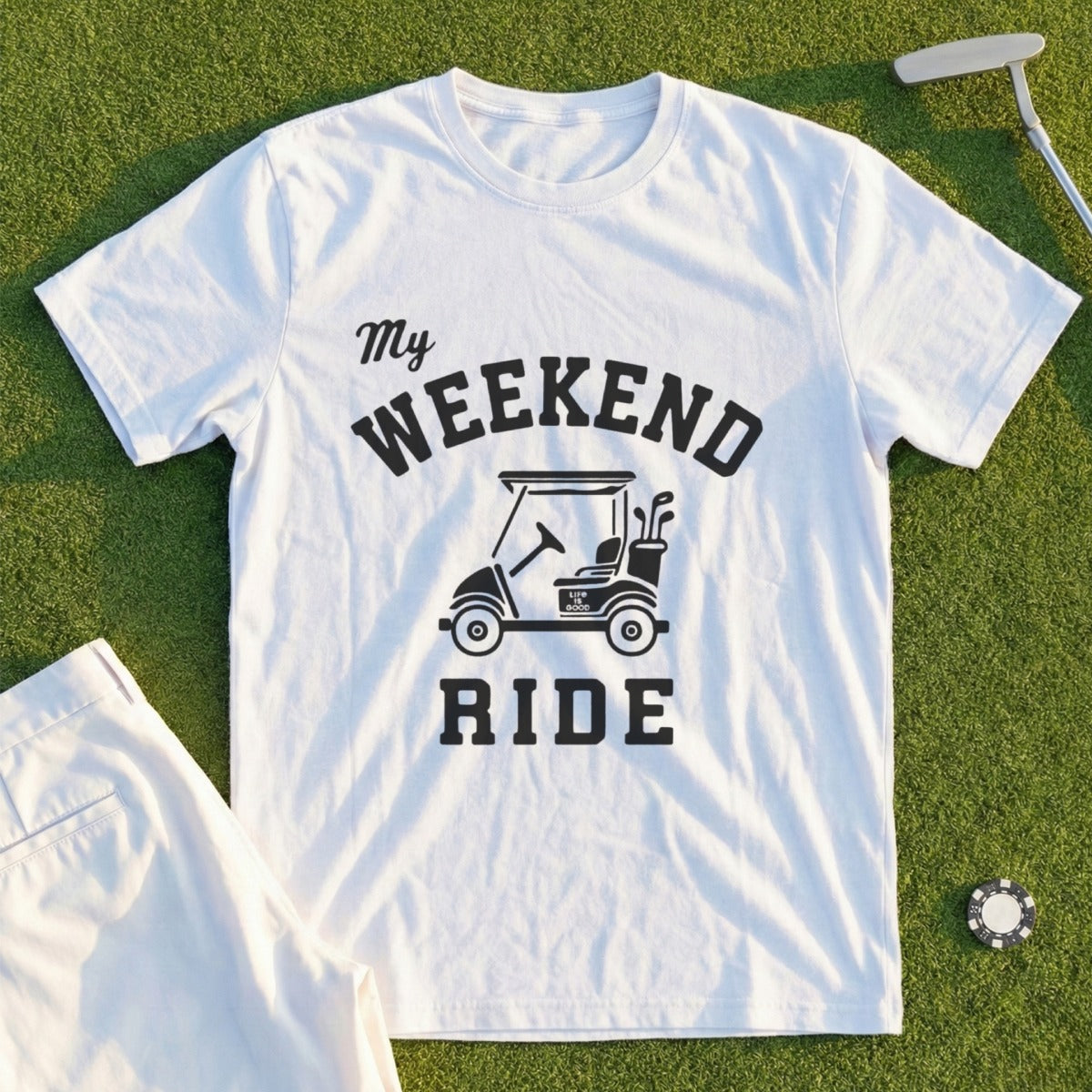 White t-shirt with "My Weekend Ride" and golf cart graphic.