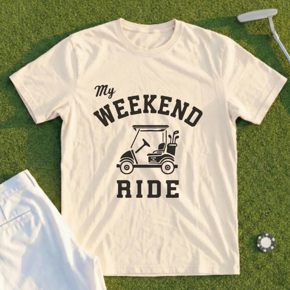 Cream t-shirt with "My Weekend Ride" and golf cart graphic.