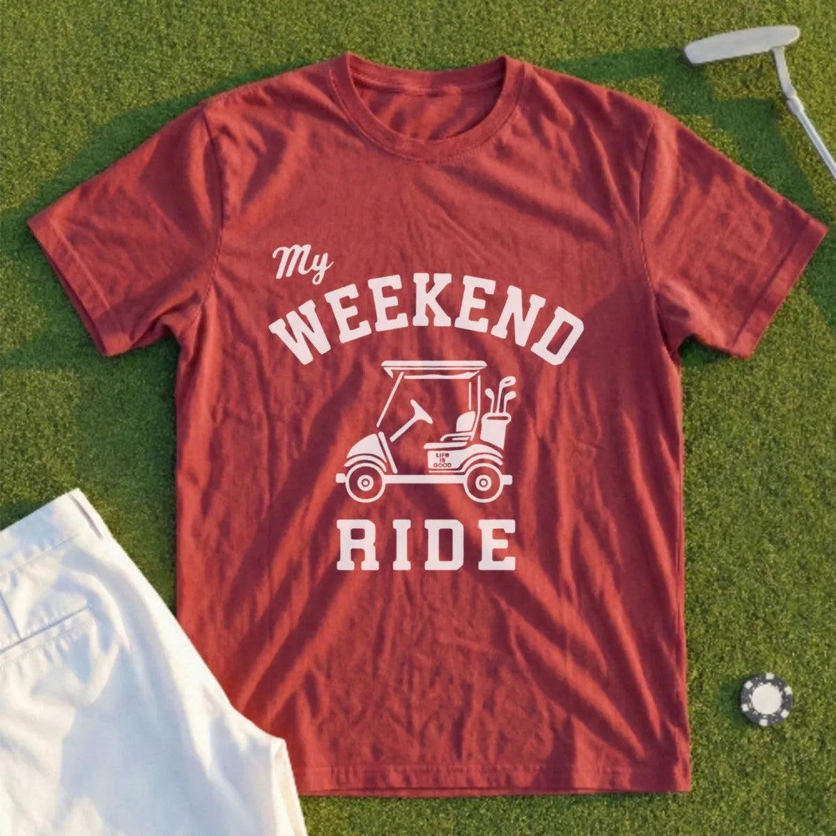 Maroon t-shirt with "My Weekend Ride" text and golf cart graphic.
