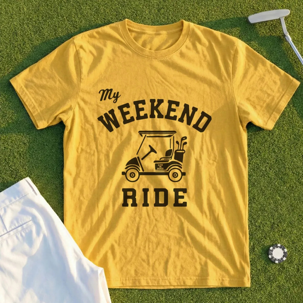 Yellow t-shirt with "My Weekend Ride" text and golf cart graphic.