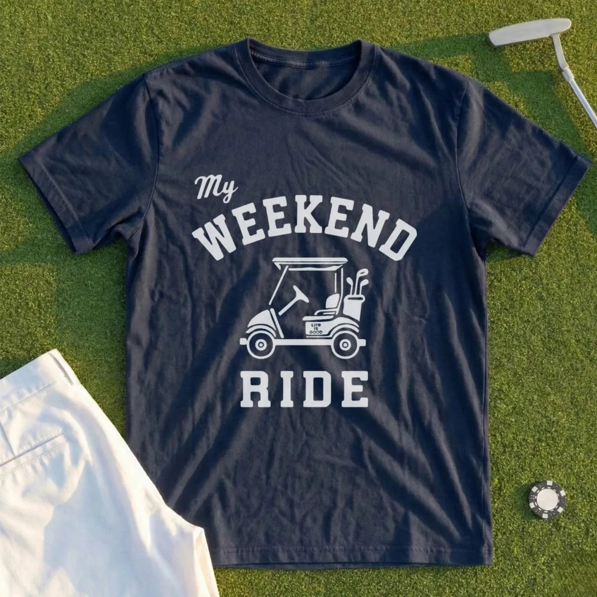 Navy t-shirt with "My Weekend Ride" text and a golf cart graphic.
