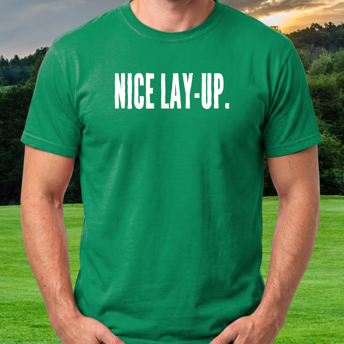 NICE LAY-UP Tee worn on the golf course, Irish Green