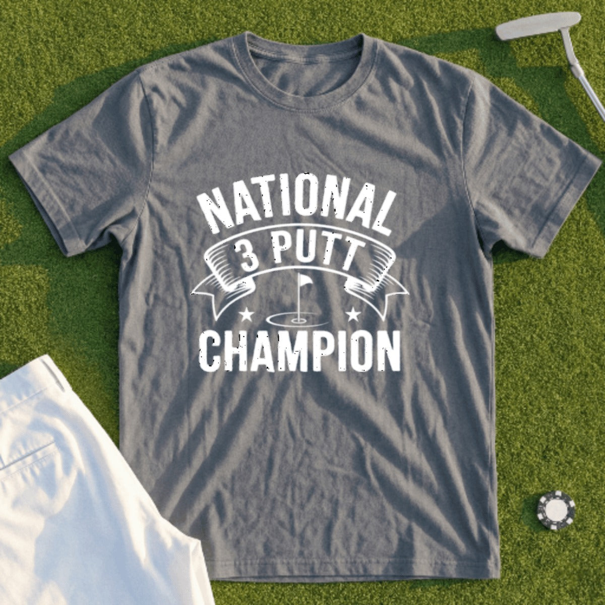Gray t-shirt with "National 3 Putt Champion" text and golf imagery.