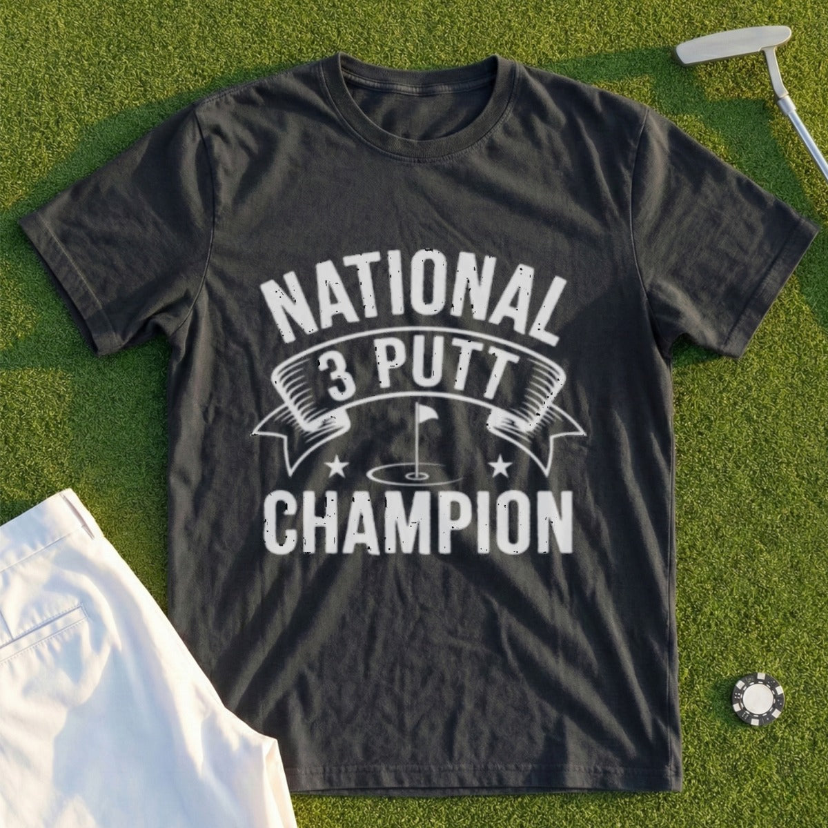 Dark t-shirt with "National 3 Putt Champion" text and golf imagery.