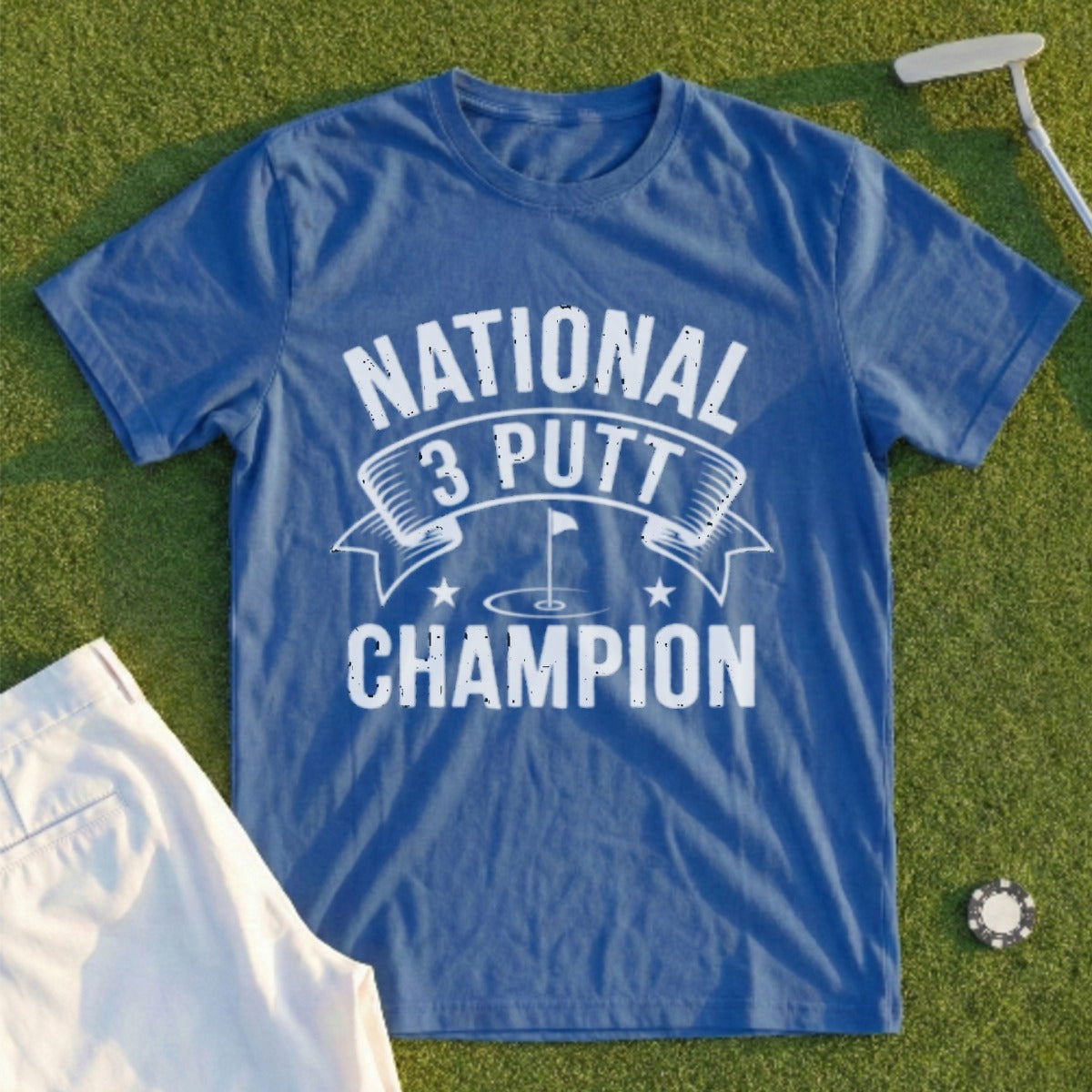 Blue t-shirt with "National 3 Putt Champion" text and golf imagery.