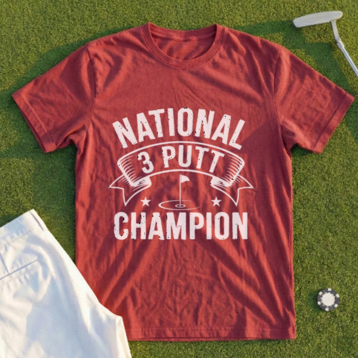 Maroon t-shirt with "National 3 Putt Champion" text and golf imagery.