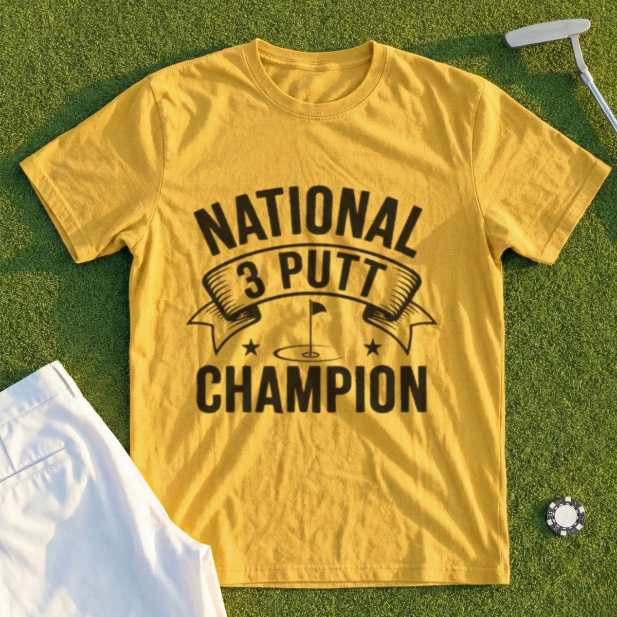 Yellow t-shirt with "National 3 Putt Champion" text, golf flag, and ball.