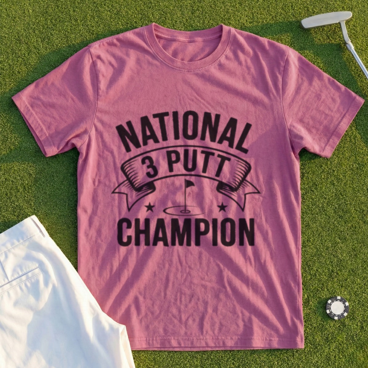 Pink t-shirt with "National 3 Putt Champion" text and golf flag design.