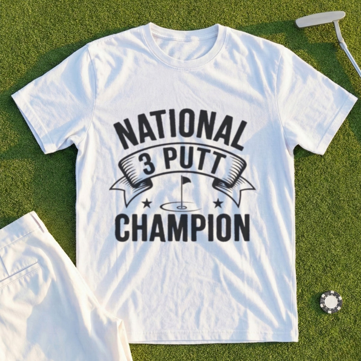White t-shirt with "NATIONAL 3 PUTT CHAMPION" text and golf graphic.