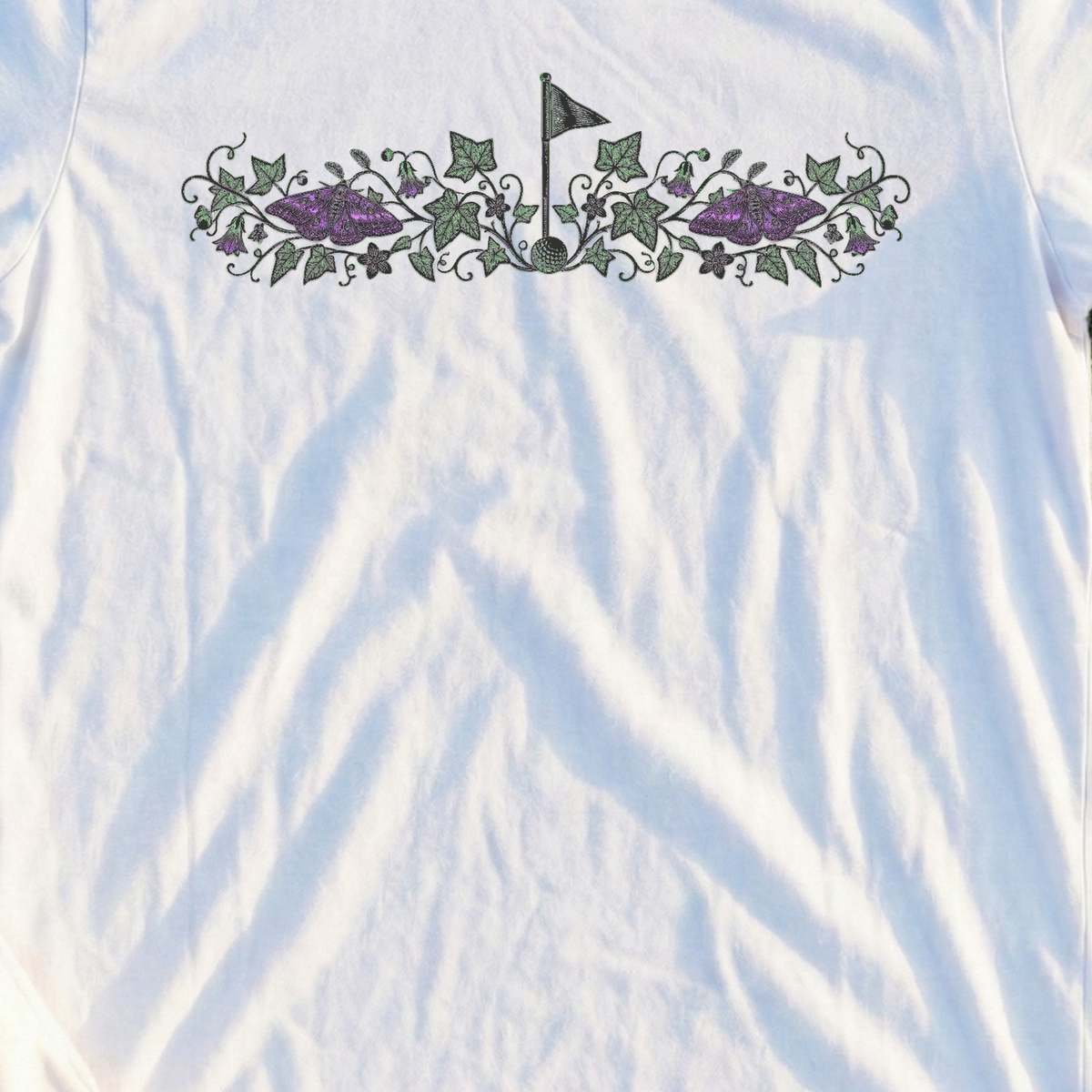 Night Bloom Flagstick Tee, print close-up on White