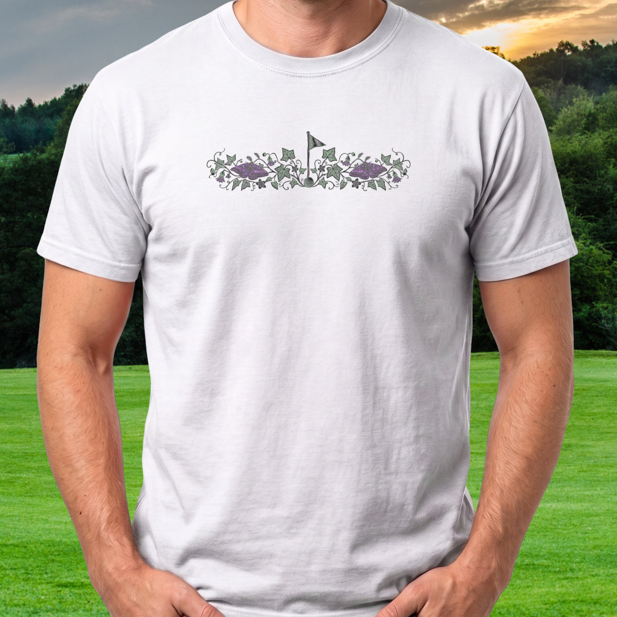 Night Bloom Flagstick Tee worn on the golf course, White