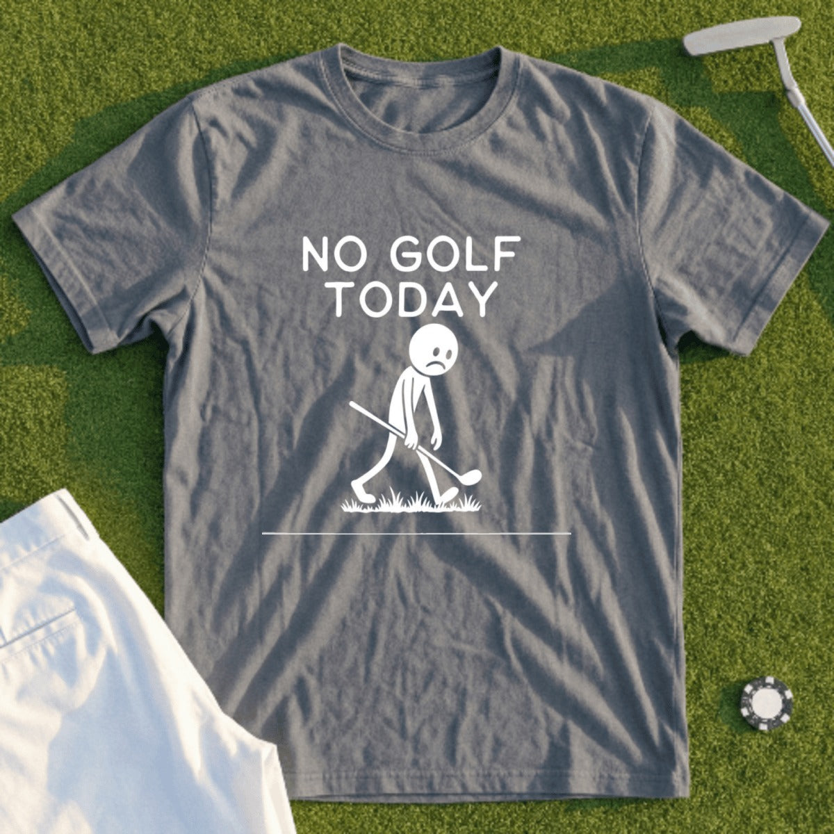 Grey t-shirt with "No Golf Today" text and a sad stick figure.