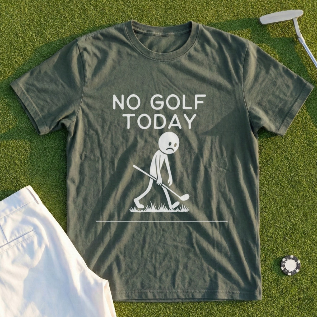 Green t-shirt with sad stick figure and "NO GOLF TODAY" text.
