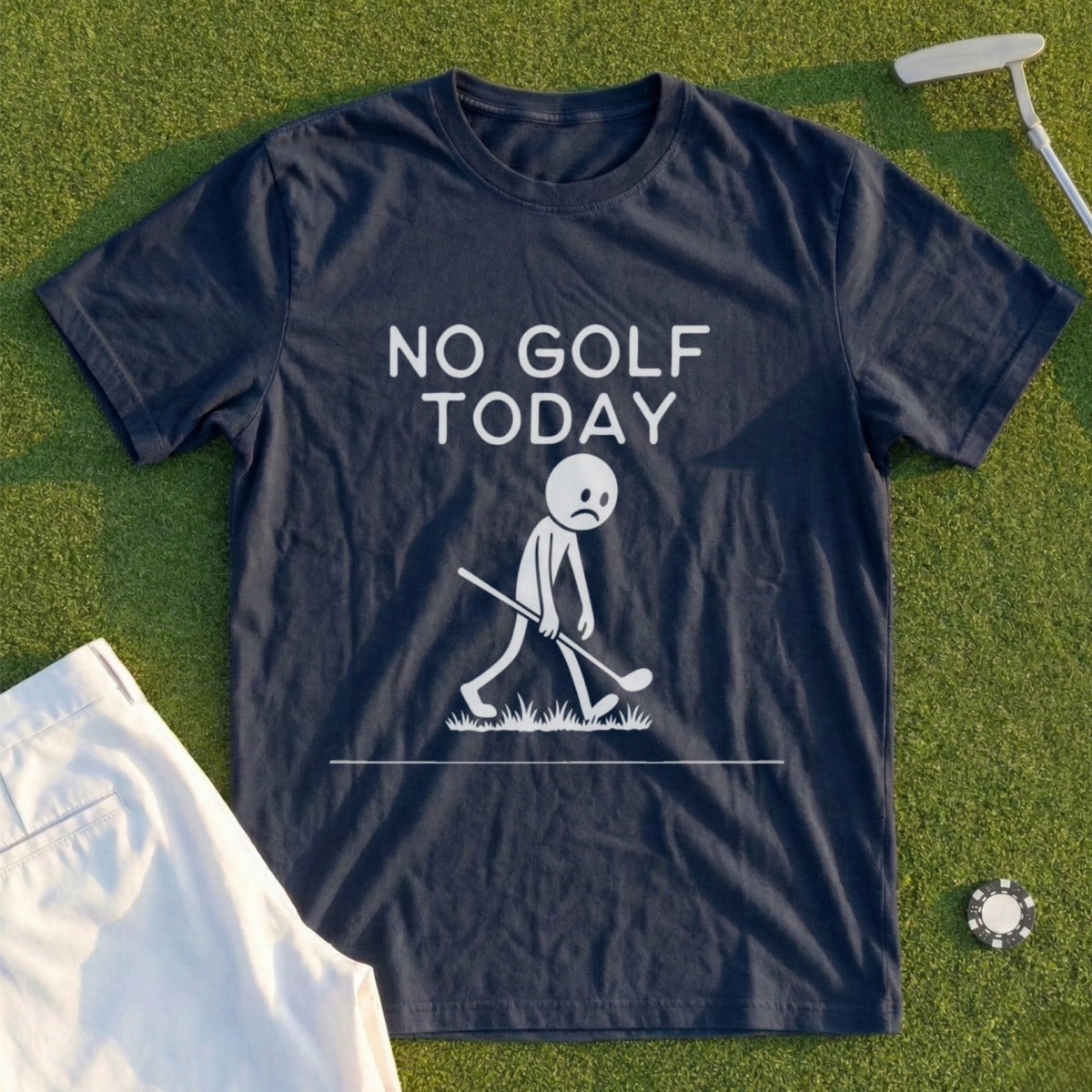 Dark blue t-shirt with "NO GOLF TODAY" text and a sad stick figure walking.