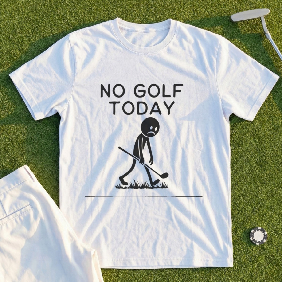 White t-shirt with "NO GOLF TODAY" text and a sad stick figure golfer.