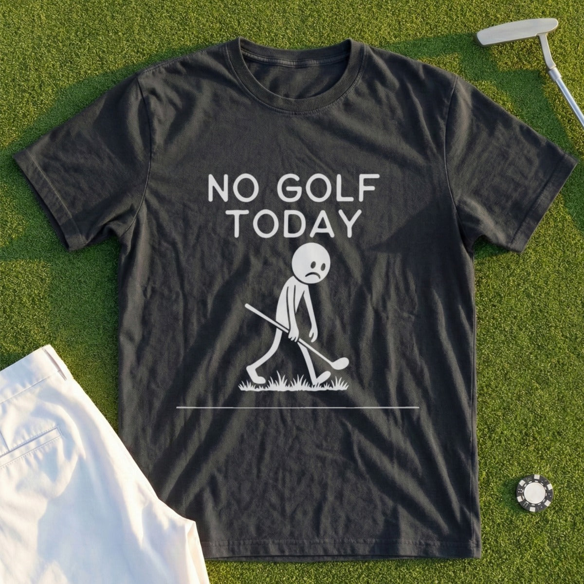 Dark grey t-shirt with "NO GOLF TODAY" and sad stick figure on grass.