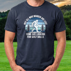 Not All Who Wander Yeti Tee worn on the golf course, Navy