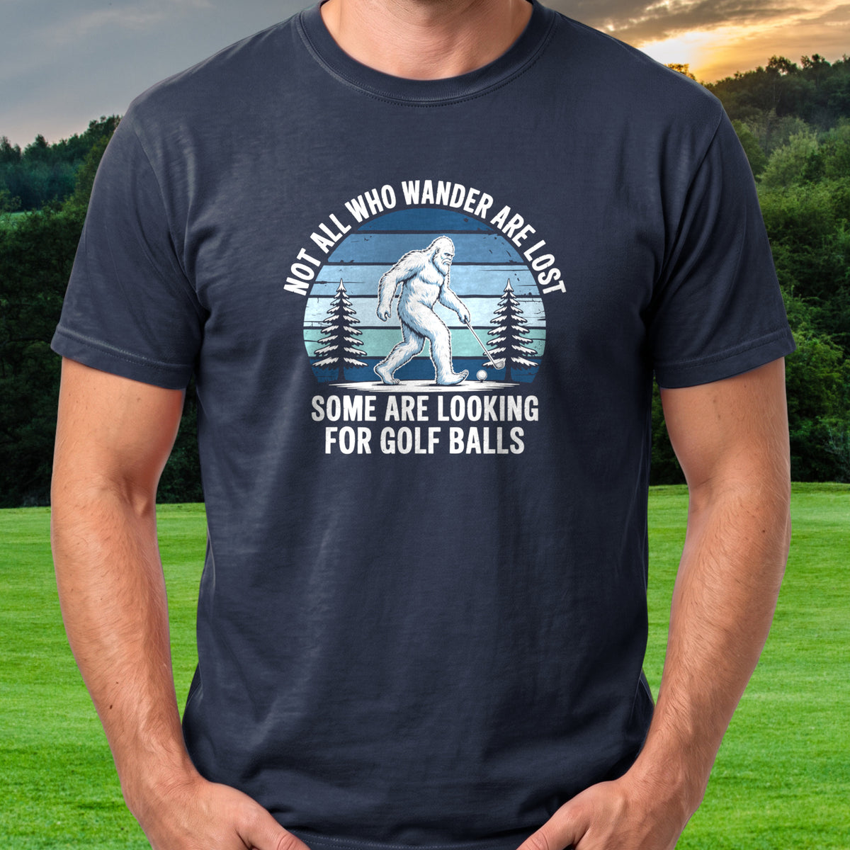 Not All Who Wander Yeti Tee worn on the golf course, Navy