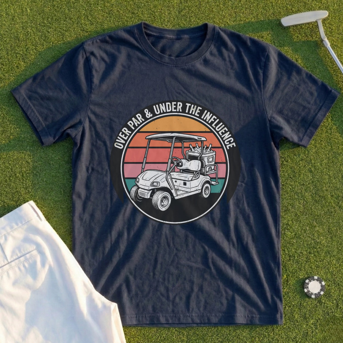 Navy t-shirt with a circular graphic of a golf cart and "Over Par & Under the Influence" text.