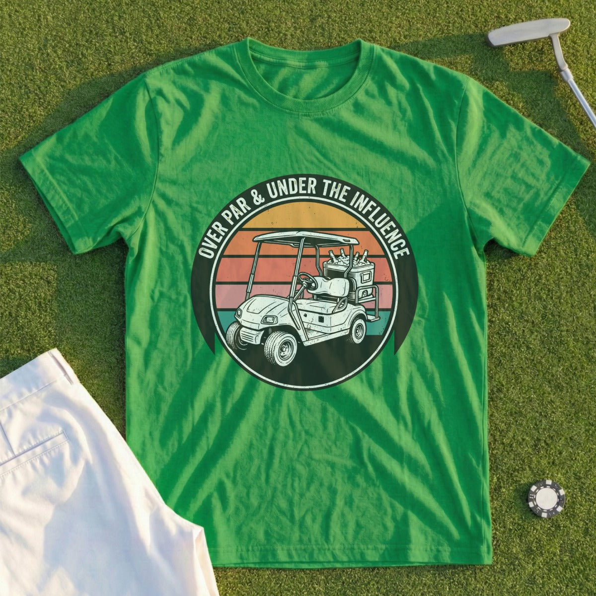 Green t-shirt with golf cart and text "Over Par & Under the Influence."