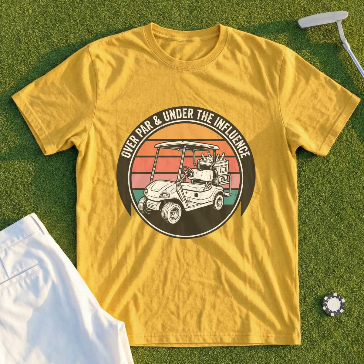 Yellow t-shirt with golf cart and "Over Par & Under the Influence" text.
