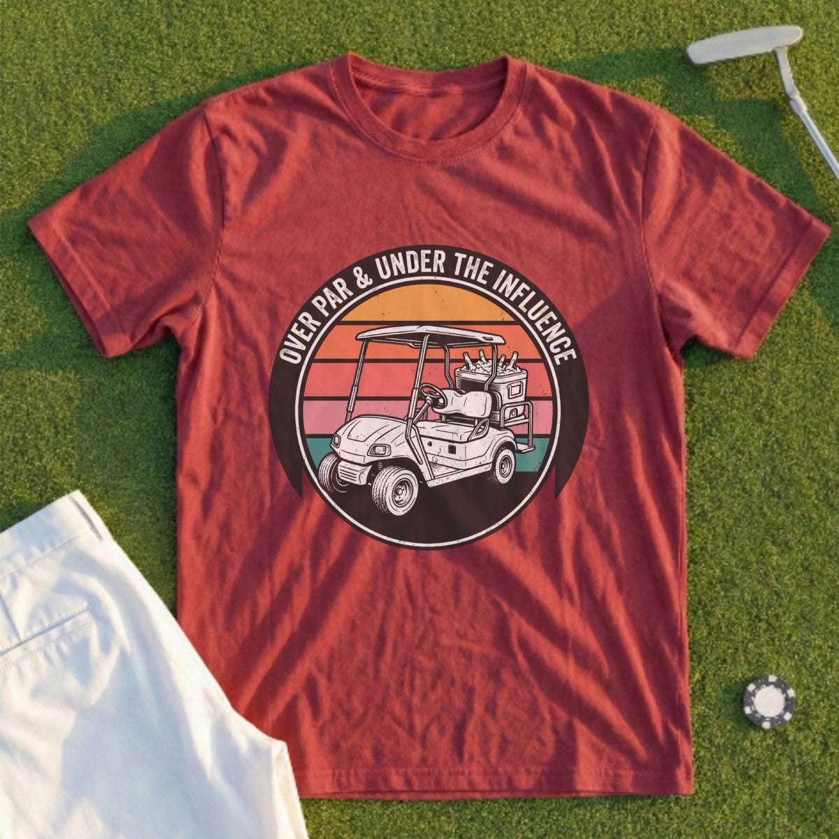 Red t-shirt with a circular graphic of a golf cart and text.