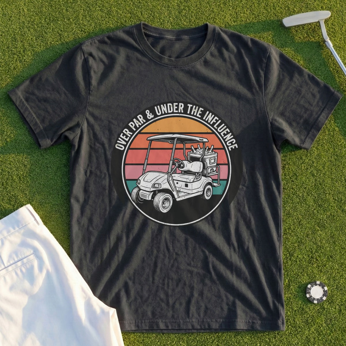 T-shirt with a golf cart graphic and "Over Par & Under the Influence" text.