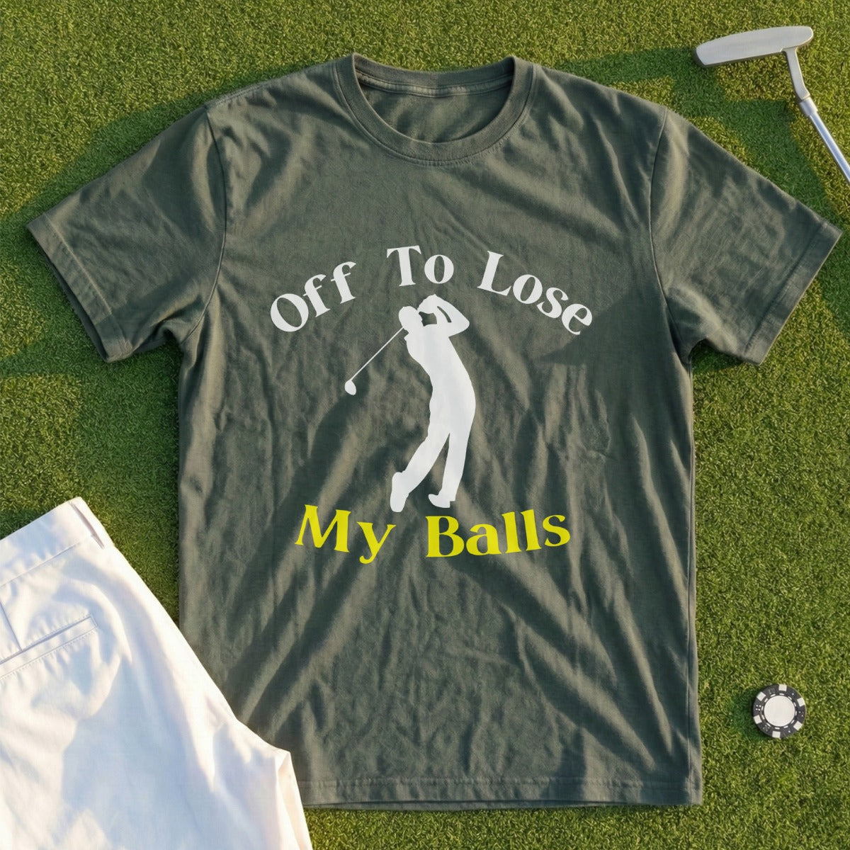 Green t-shirt with golfer and "Off To Lose My Balls" text.